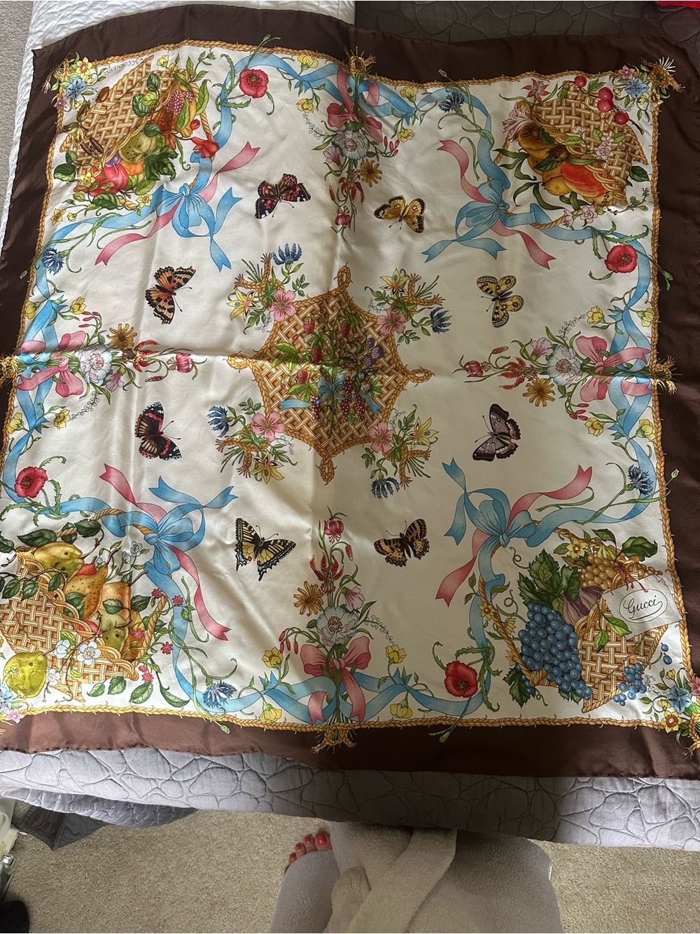 Vintage Gucci V. Accornero silk scarf fruit basket butterfly 34” brown.